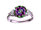 Star K Three 3 Stone 8mm Round Rainbow Mystic Topaz Trillion Engagement Promise Comfort fit Ring