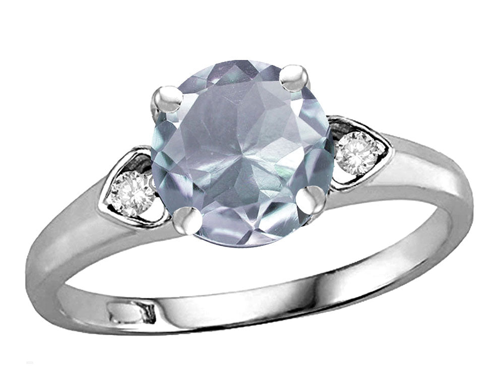 Star K Round 7mm Genuine Aquamarine Three 3 Stone Heart Engagement Promise Wedding Ring