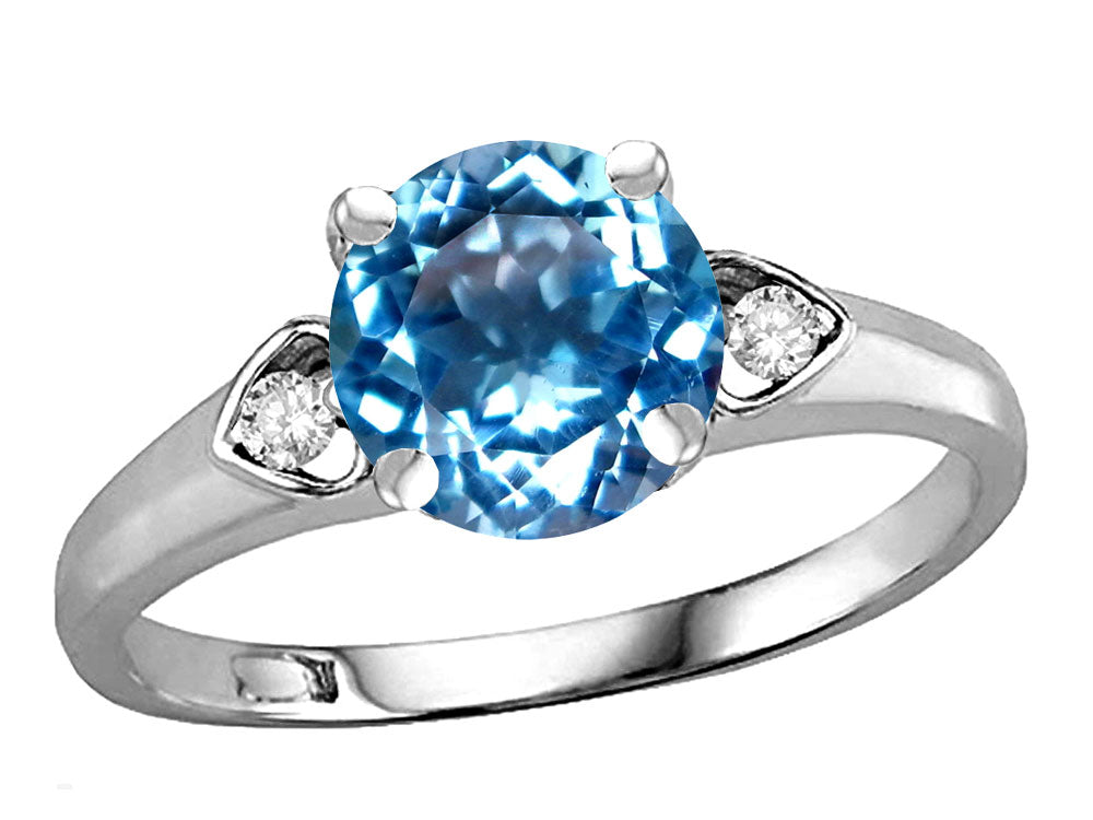 Star K Round 7mm Genuine Blue Topaz Three 3 Stone Heart Engagement Promise Wedding Ring