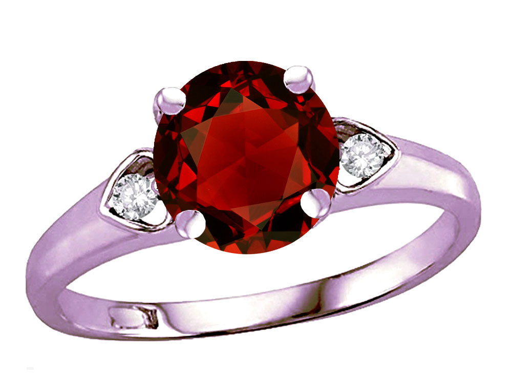 Star K Round 7mm Genuine Garnet Three 3 Stone Heart Engagement Promise Wedding Ring