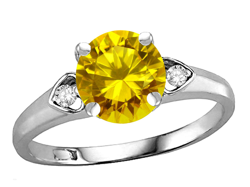 Star K Round 7mm Genuine Citrine Three 3 Stone Heart Engagement Promise Wedding Ring
