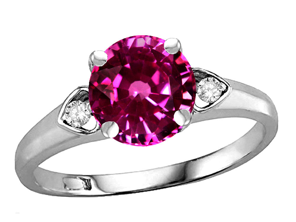 Star K Round 7mm Simulated Pink Tourmaline Three 3 Stone Heart Engagement Promise Wedding Ring