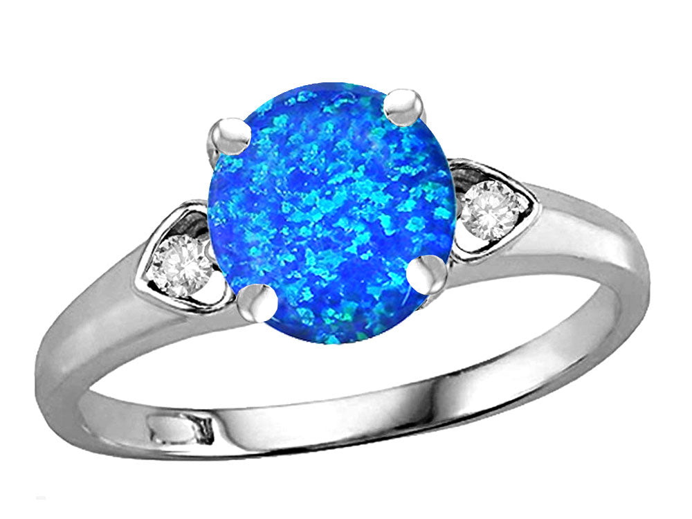 Star K Round 7mm Created Blue Opal Three 3 Stone Heart Engagement Promise Wedding Ring
