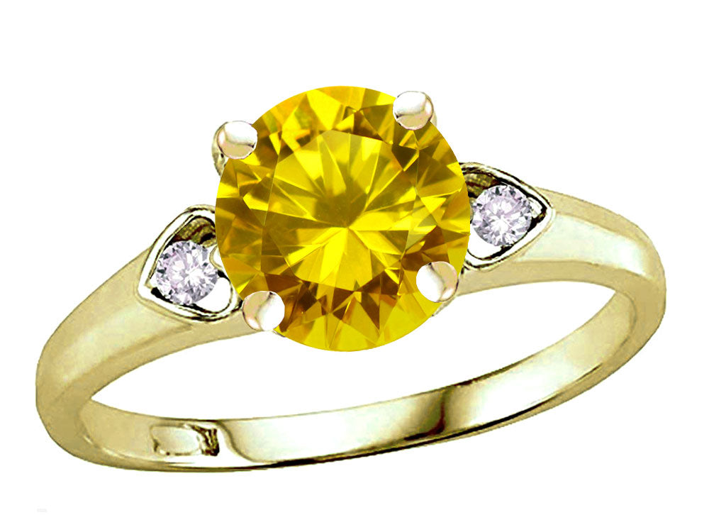 Star K Round 7mm Genuine Citrine Three 3 Stone Heart Engagement Promise Wedding Ring