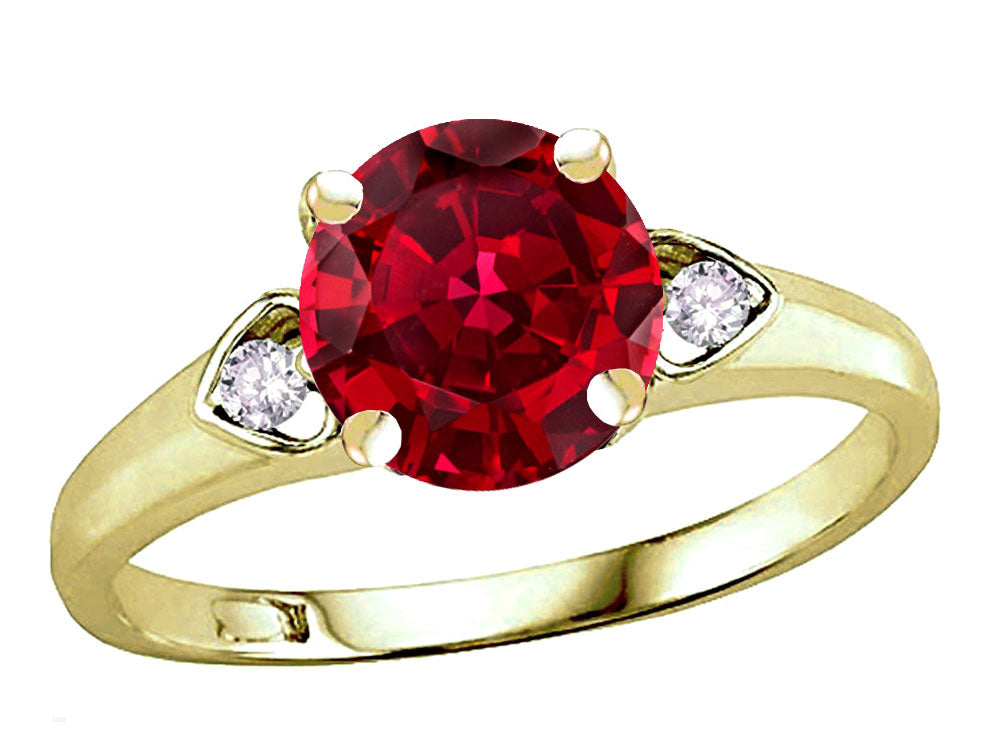 Star K Round 7mm Created Ruby Three 3 Stone Heart Engagement Promise Wedding Ring