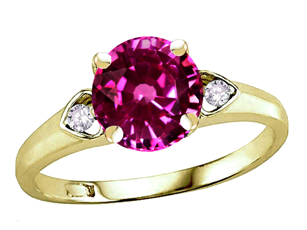 Star K Round 7mm Simulated Pink Tourmaline Three 3 Stone Heart Engagement Promise Wedding Ring