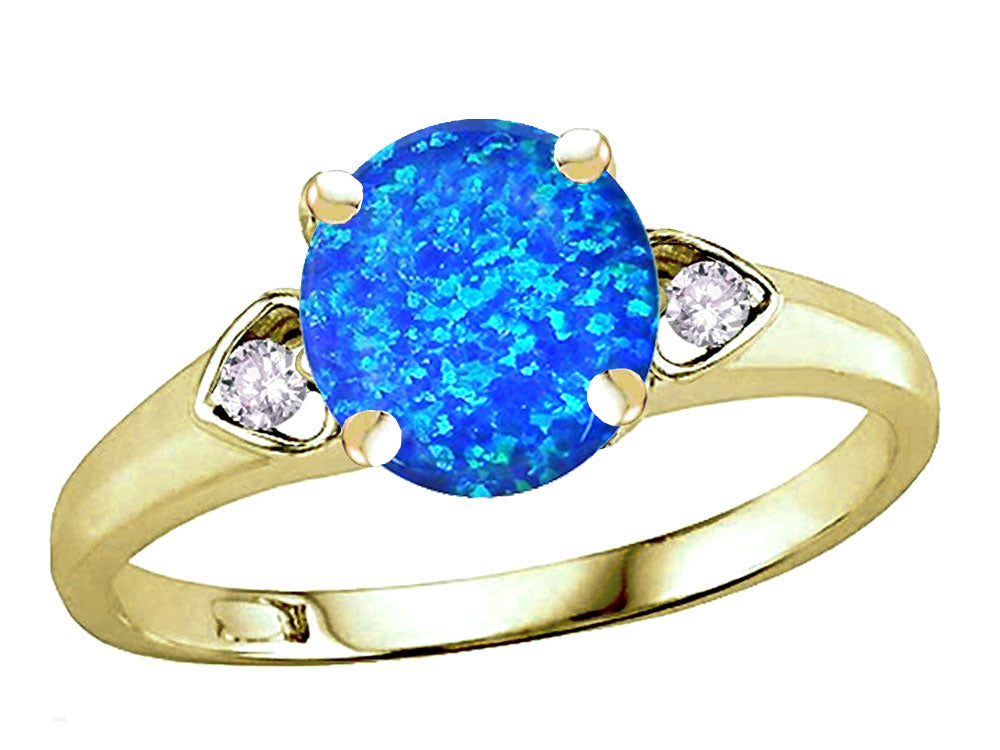 Star K Round 7mm Created Blue Opal Three 3 Stone Heart Engagement Promise Wedding Ring