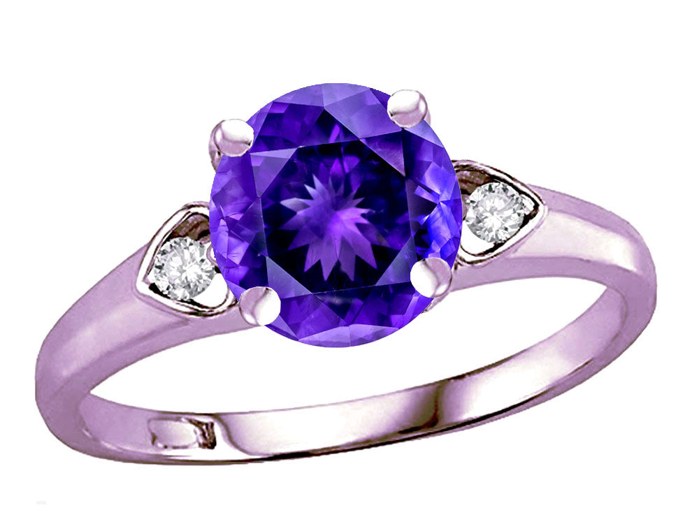 Star K Round 7mm Genuine Amethyst Three 3 Stone Heart Engagement Promise Wedding Ring
