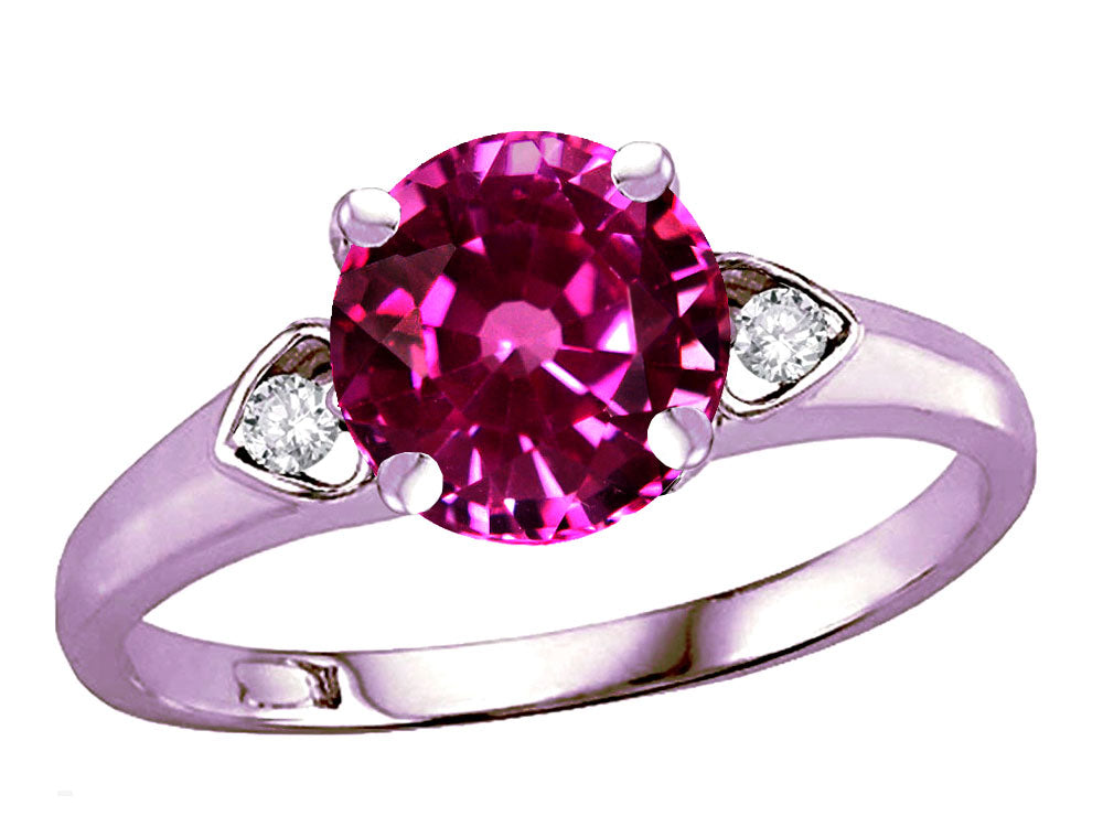 Star K Round 7mm Simulated Pink Tourmaline Three 3 Stone Heart Engagement Promise Wedding Ring