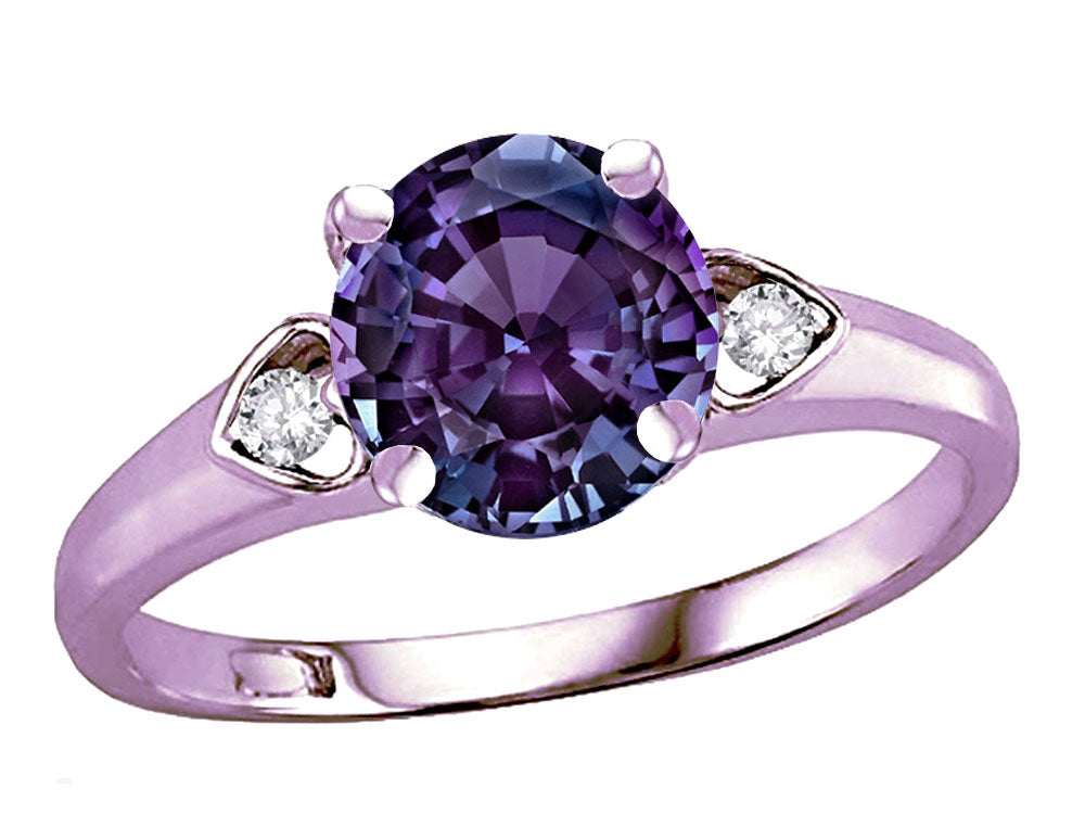 Star K Round 7mm Simulated Alexandrite Three 3 Stone Heart Engagement Promise Wedding Ring