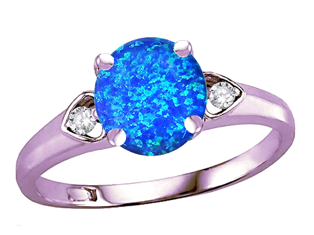 Star K Round 7mm Created Blue Opal Three 3 Stone Heart Engagement Promise Wedding Ring