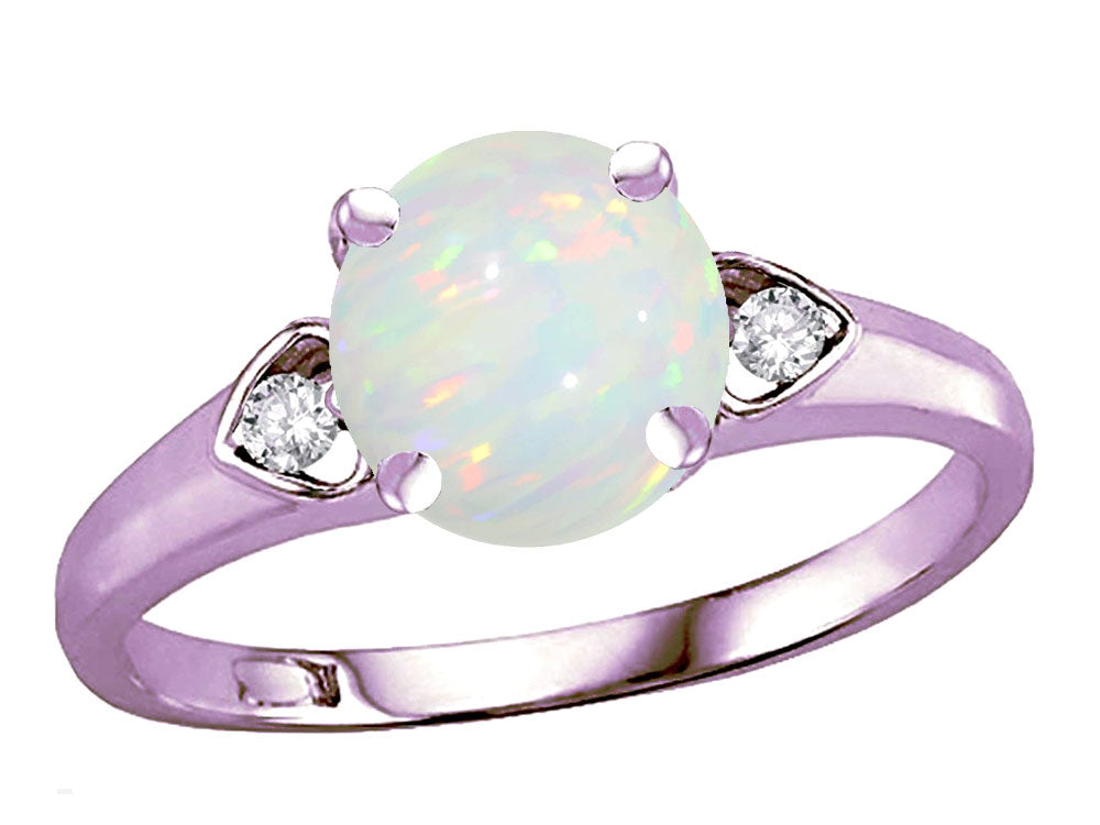 Star K Round 7mm Genuine Opal Three 3 Stone Heart Engagement Promise Wedding Ring