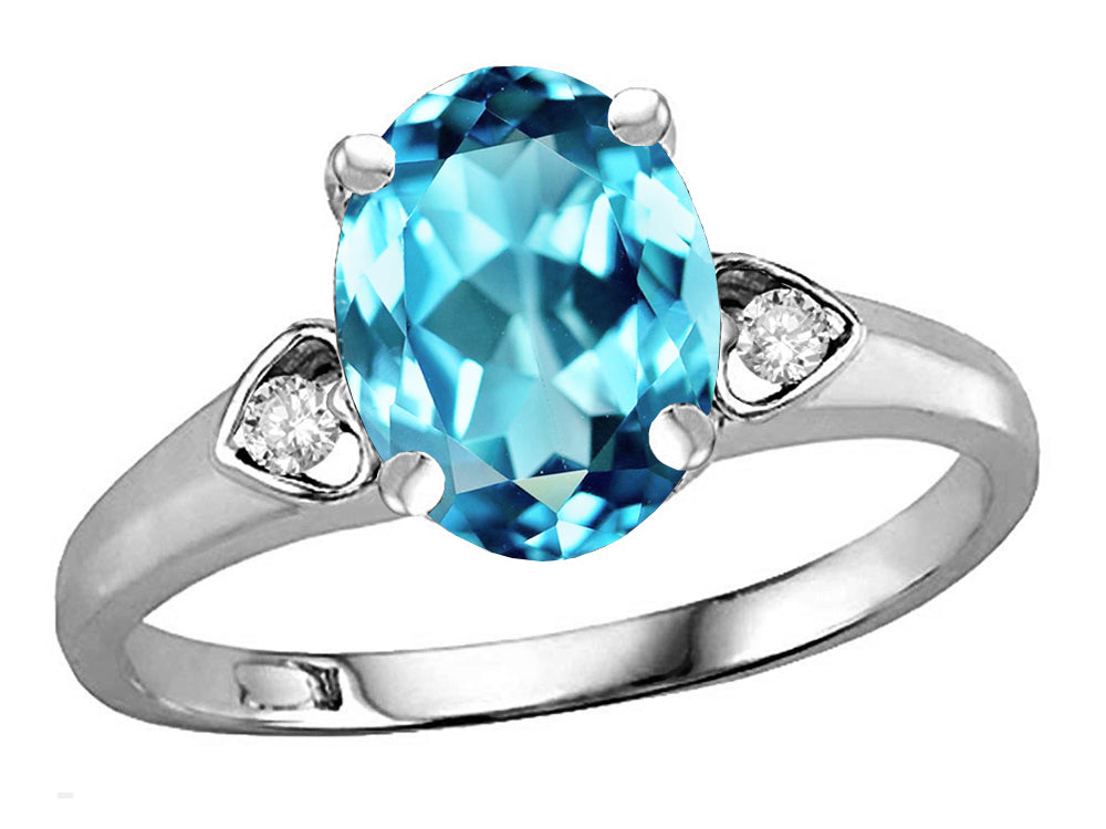 Star K Oval 9x7 Genuine Blue Topaz Three 3 Stone Heart Engagement Promise Wedding Ring