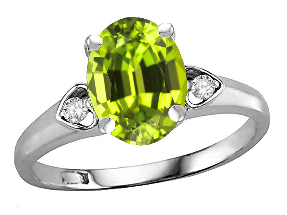 Star K Oval 9x7 Genuine Peridot Three 3 Stone Heart Engagement Promise Wedding Ring