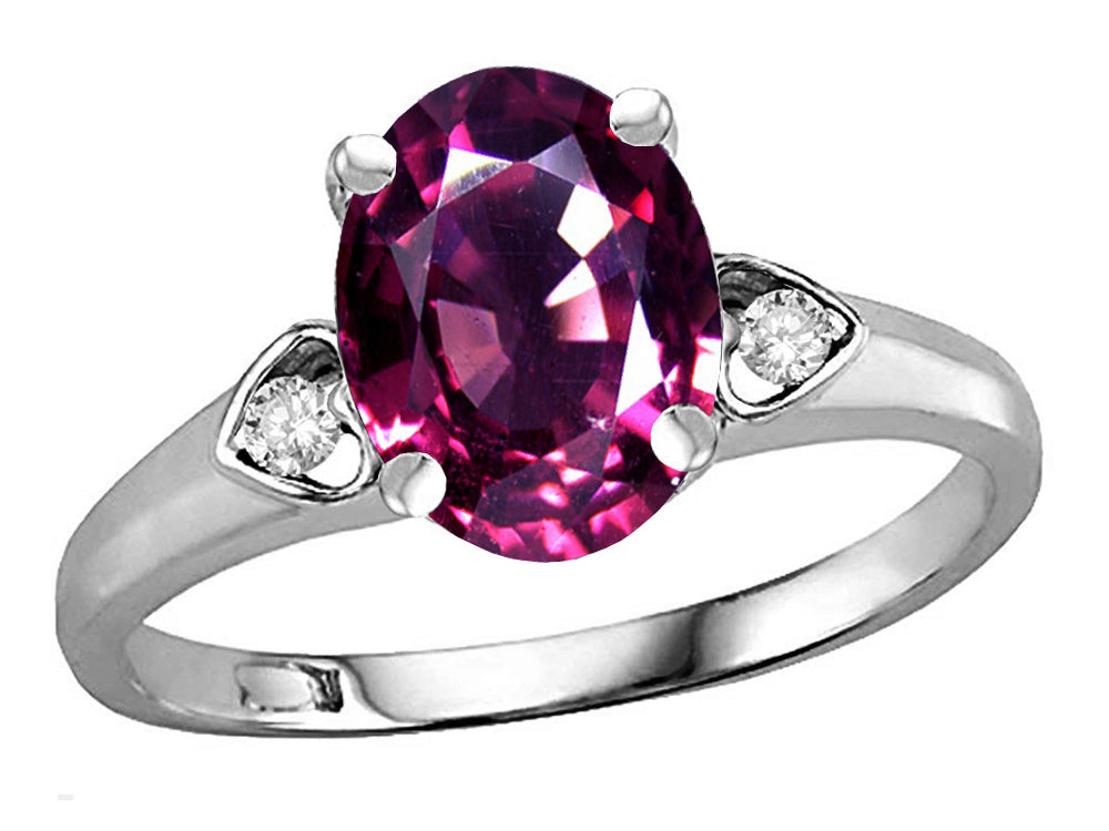 Star K Oval 9x7 Genuine Rhodolite Three 3 Stone Heart Engagement Promise Wedding Ring