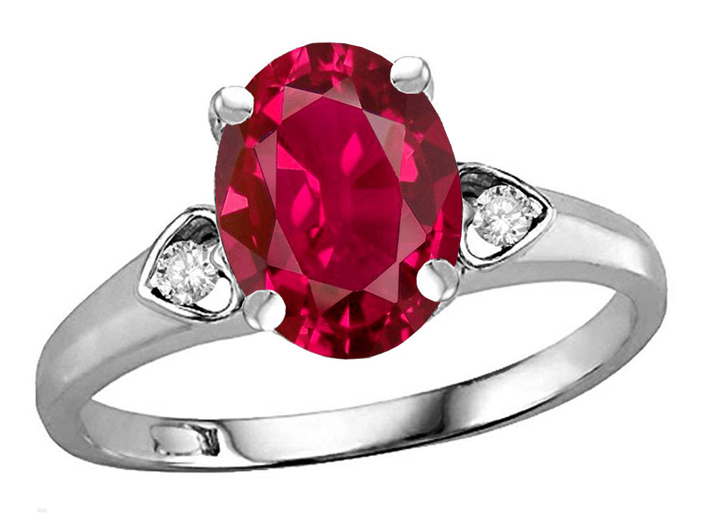 Star K Oval 9x7 Created Ruby Three 3 Stone Heart Engagement Promise Wedding Ring