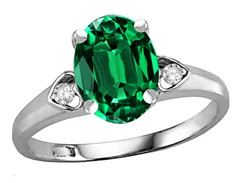 Star K Oval 9x7 Simulated Emerald Three 3 Stone Heart Engagement Promise Wedding Ring
