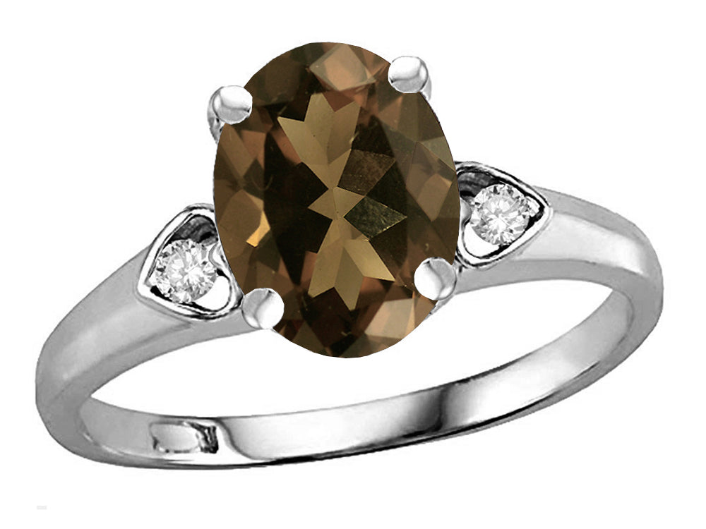 Star K Oval 9x7 Genuine Smoky Quartz Three 3 Stone Heart Engagement Promise Wedding Ring