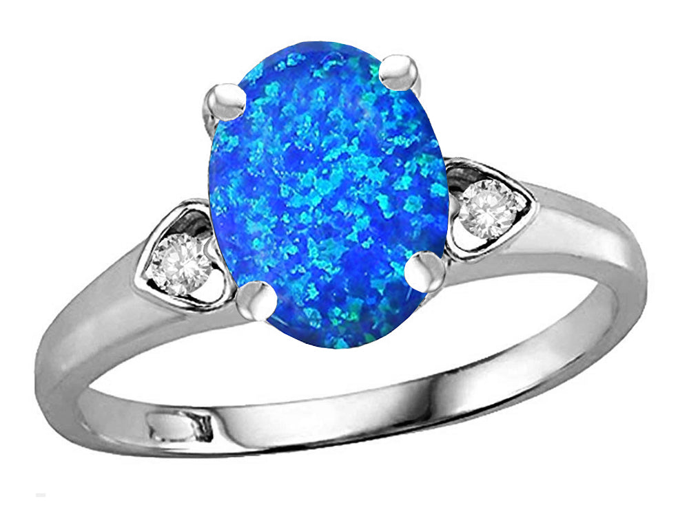 Star K Oval 9x7 Created Blue Opal Three 3 Stone Heart Engagement Promise Wedding Ring