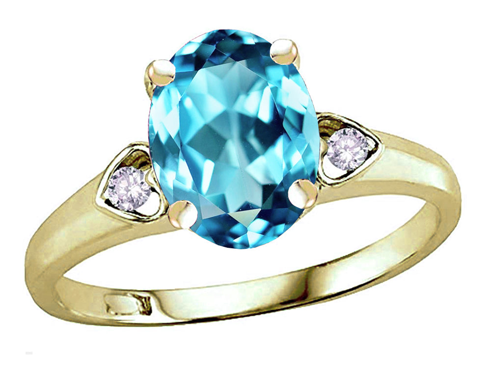 Star K Oval 9x7 Genuine Blue Topaz Three 3 Stone Heart Engagement Promise Wedding Ring