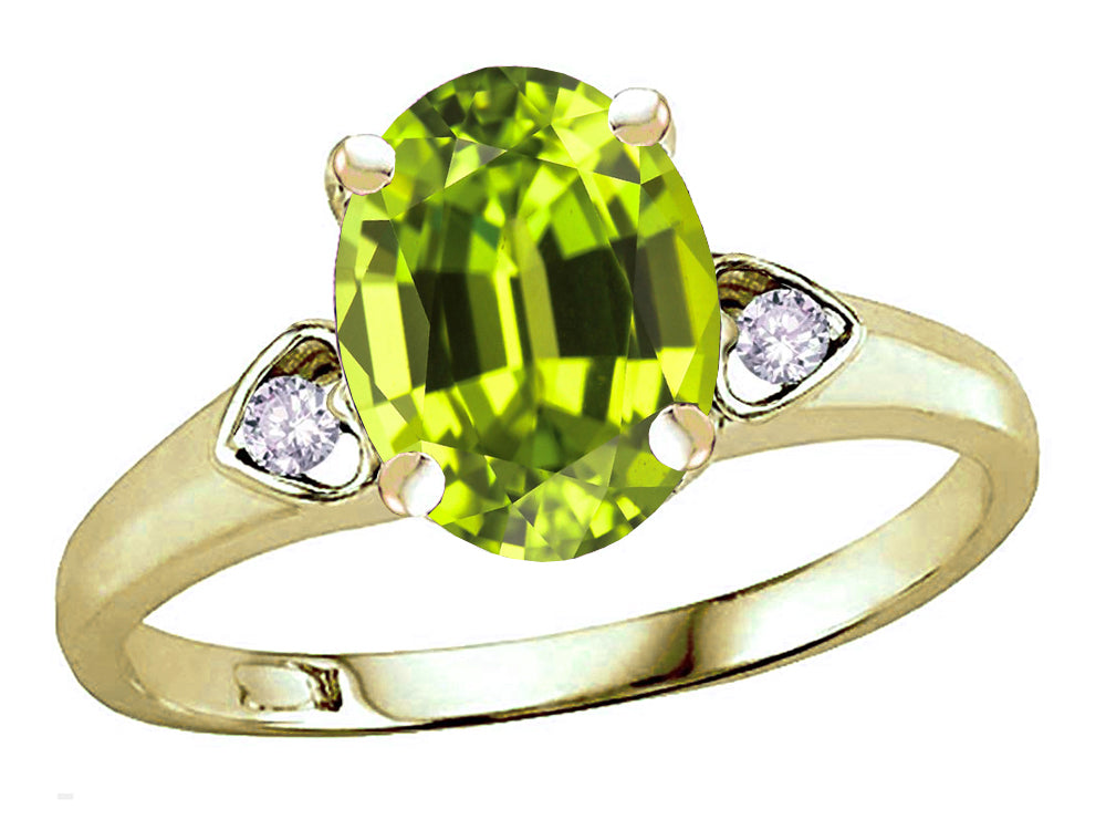 Star K Oval 9x7 Genuine Peridot Three 3 Stone Heart Engagement Promise Wedding Ring