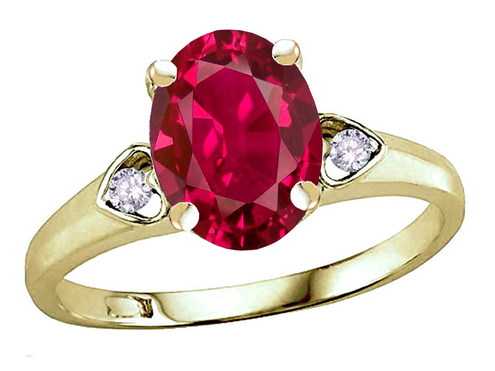 Star K Oval 9x7 Created Ruby Three 3 Stone Heart Engagement Promise Wedding Ring