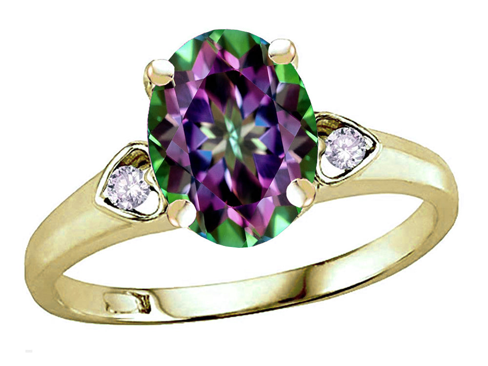 Star K Oval 9x7 Rainbow Mystic Topaz Three 3 Stone Heart Engagement Promise Wedding Ring