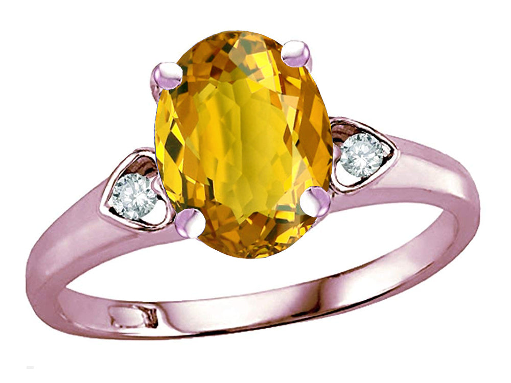 Star K Oval 9x7 Genuine Citrine Three 3 Stone Heart Engagement Promise Wedding Ring