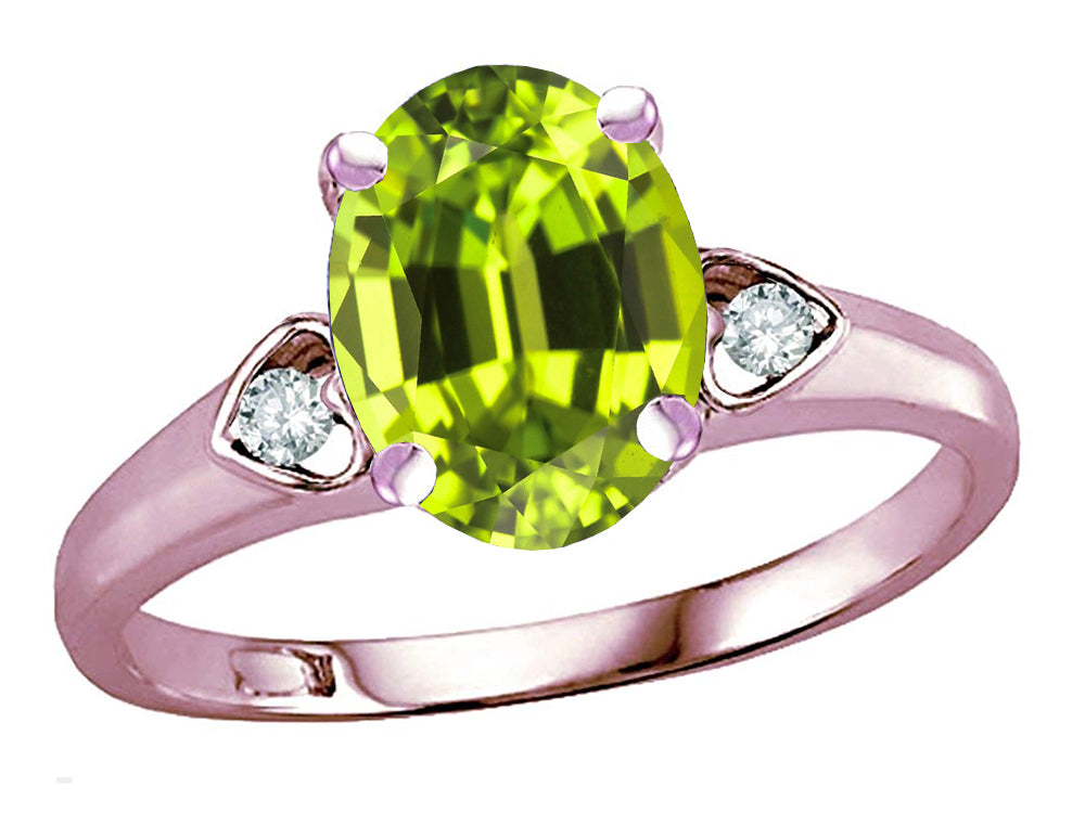 Star K Oval 9x7 Genuine Peridot Three 3 Stone Heart Engagement Promise Wedding Ring