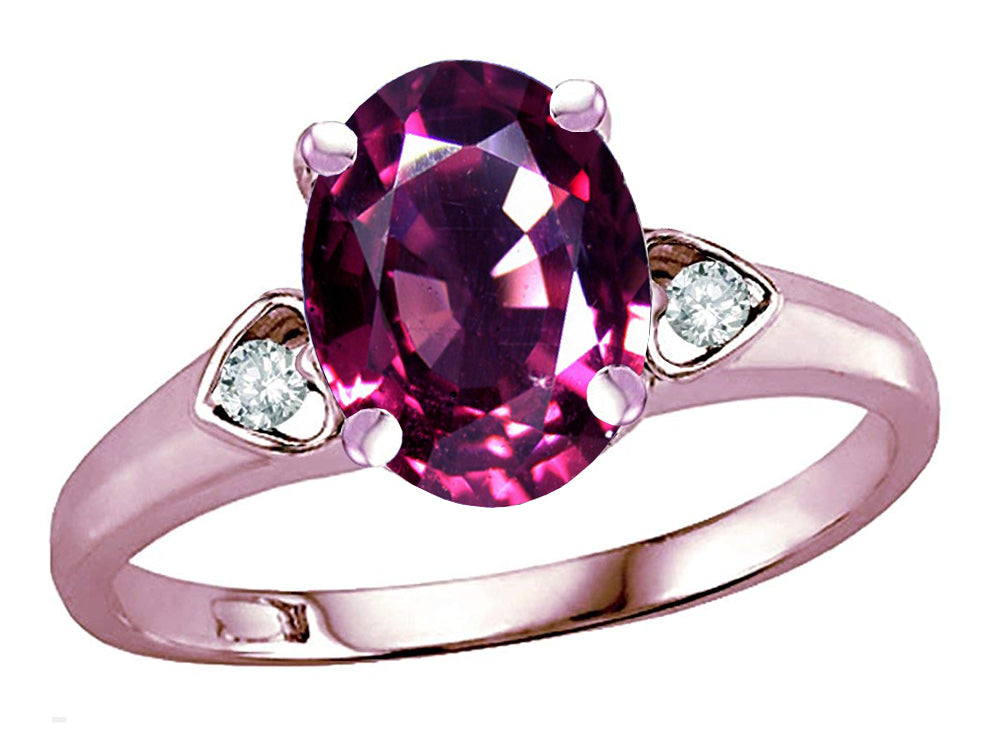 Star K Oval 9x7 Genuine Rhodolite Three 3 Stone Heart Engagement Promise Wedding Ring