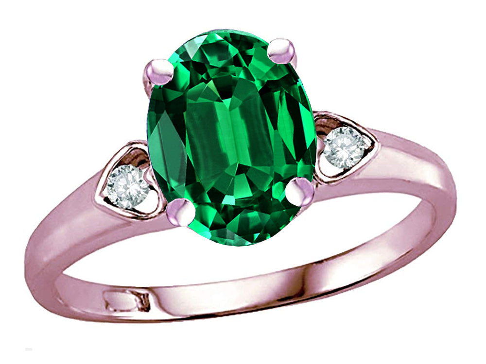 Star K Oval 9x7 Simulated Emerald Three 3 Stone Heart Engagement Promise Wedding Ring