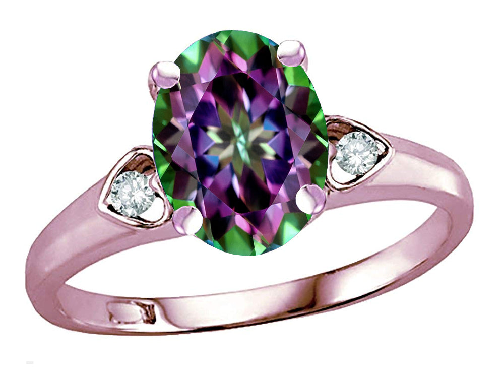 Star K Oval 9x7 Rainbow Mystic Topaz Three 3 Stone Heart Engagement Promise Wedding Ring