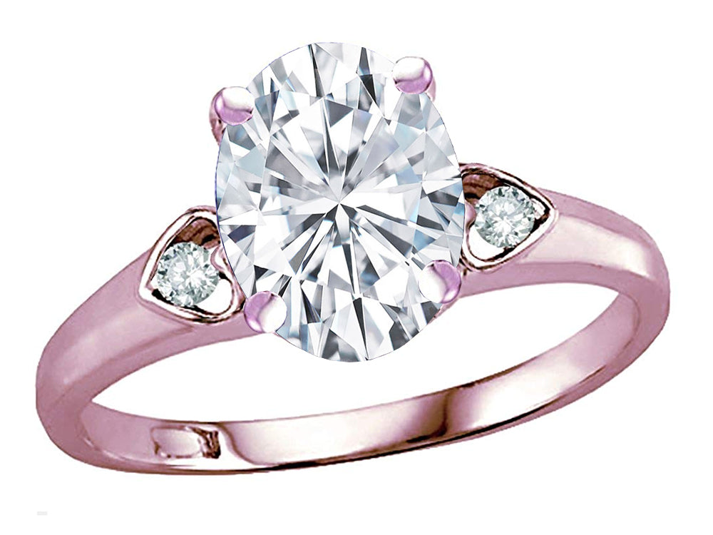Star K Oval 9x7 Genuine White Topaz Three 3 Stone Heart Engagement Promise Wedding Ring