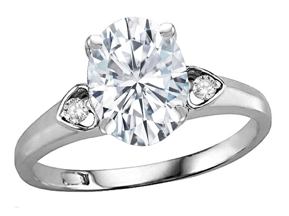 Star K Oval 9x7 Genuine White Topaz Three 3 Stone Heart Engagement Promise Wedding Ring