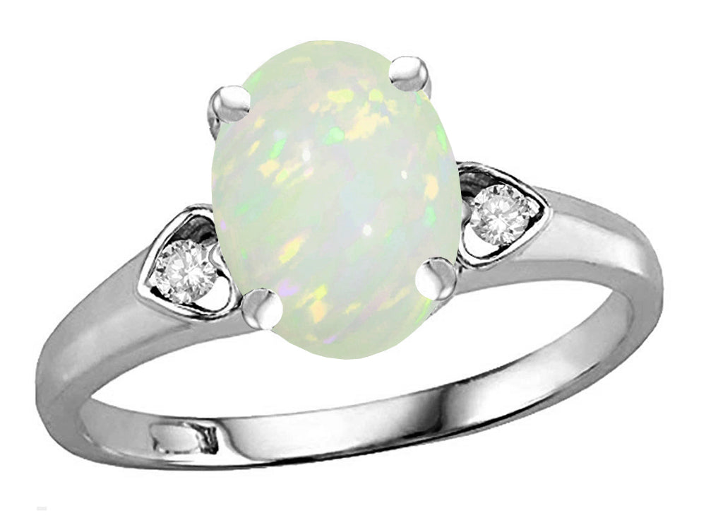 Star K Oval 9x7 Genuine Opal Three 3 Stone Heart Engagement Promise Wedding Ring