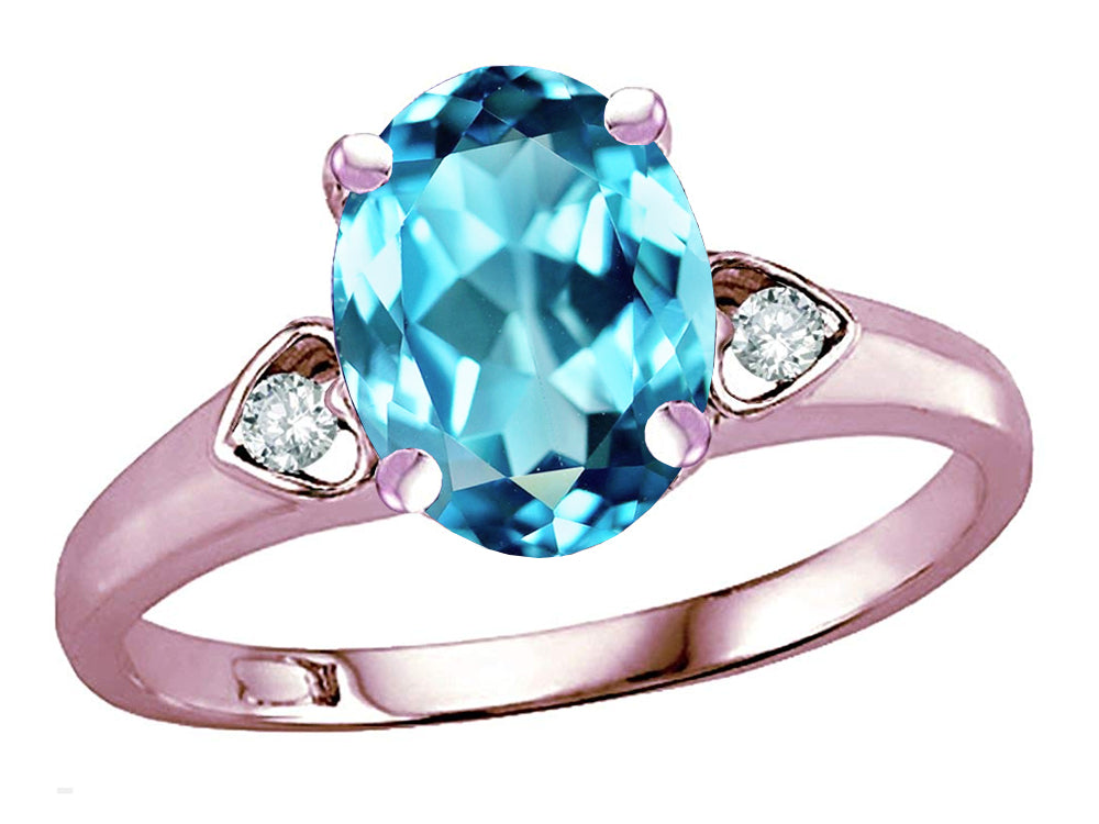 Star K Oval 9x7 Genuine Blue Topaz Three 3 Stone Heart Engagement Promise Wedding Ring