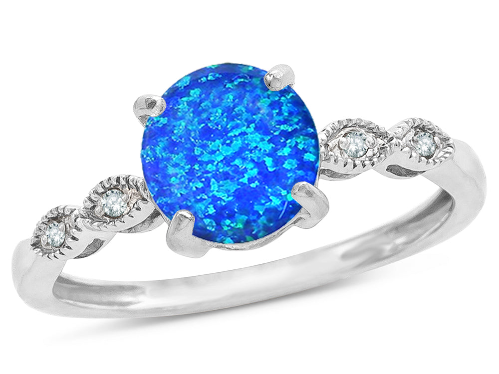Star K Round 7mm Created Blue Opal Vintage Antique Look Engagement Promise Ring
