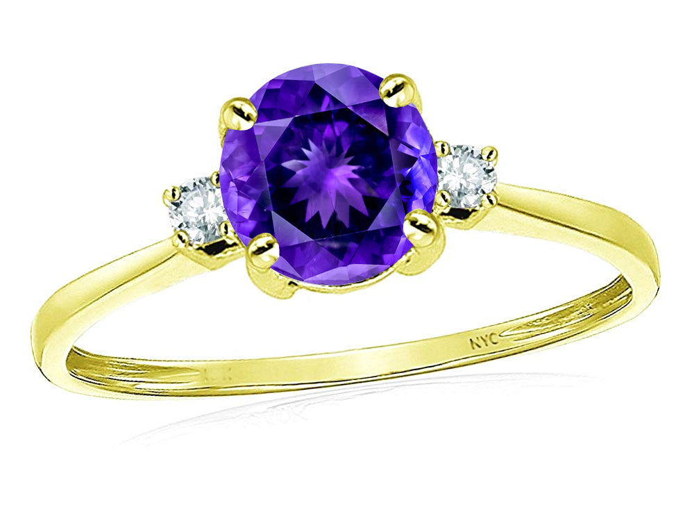 Star K 7mm Round Genuine Amethyst Classic Three 3 stone Engagement Promise Wedding Ring