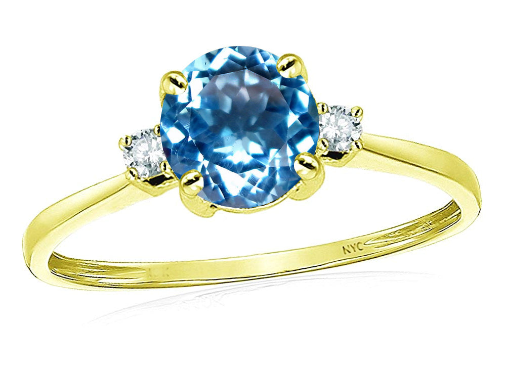 Star K 7mm Round Genuine Blue Topaz Classic Three 3 stone Engagement Promise Wedding Ring