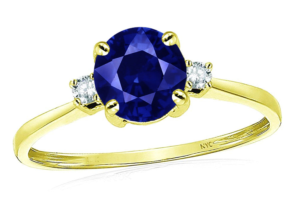 Star K 7mm Round Created Sapphire Classic Three 3 stone Engagement Promise Wedding Ring