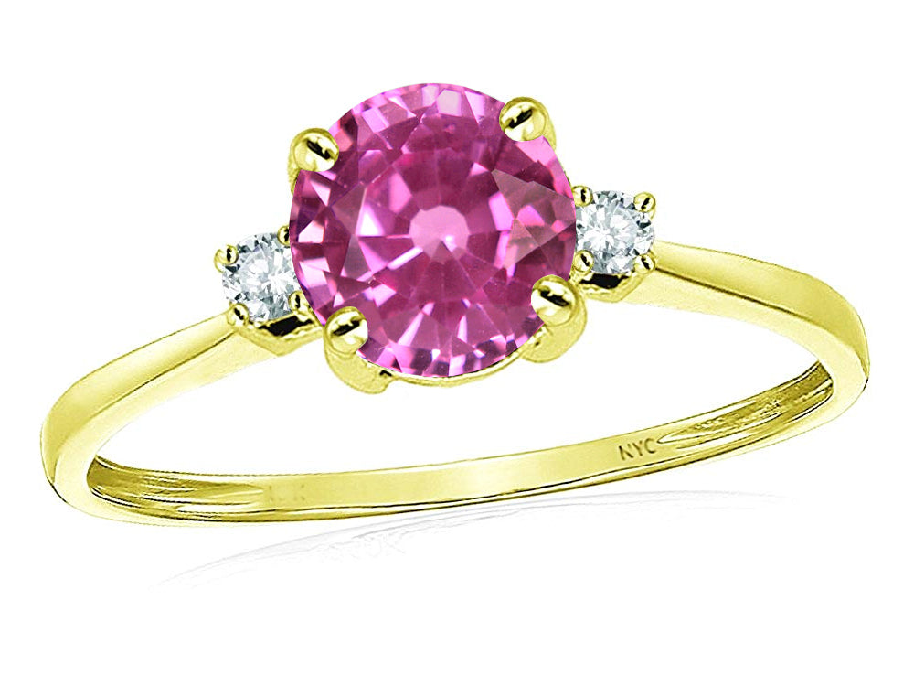 Star K 7mm Round Created Pink Sapphire Classic Three 3 stone Engagement Promise Wedding Ring