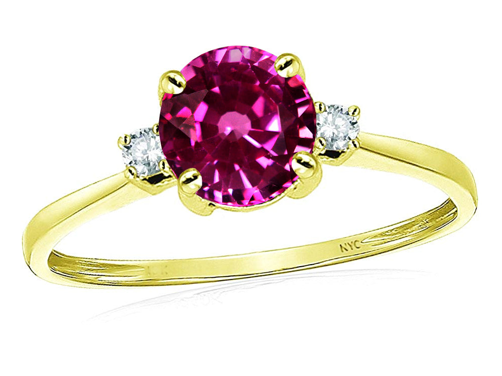 Star K 7mm Round Simulated Pink Tourmaline Classic Three 3 stone Engagement Promise Wedding Ring