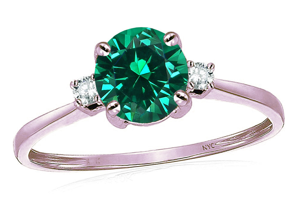 Star K 7mm Round Simulated Emerald Classic Three 3 stone Engagement Promise Wedding Ring
