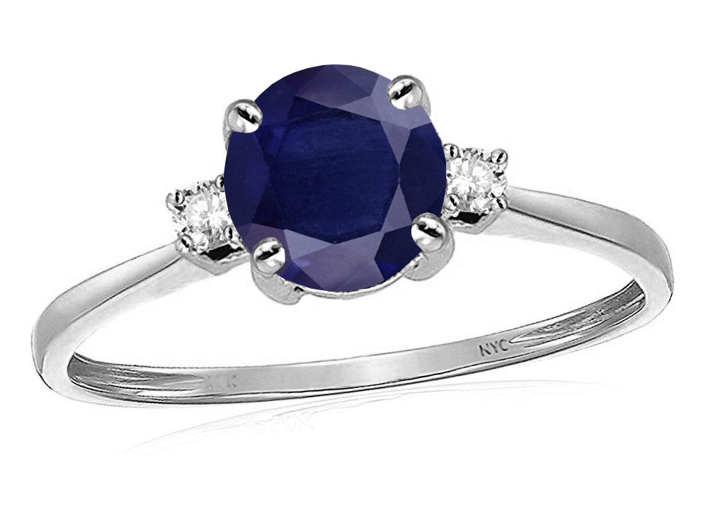 Star K 7mm Round Genuine Sapphire Classic Three 3 stone Engagement Promise Wedding Ring