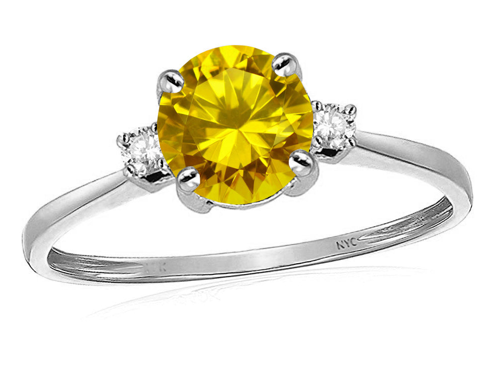 Star K 7mm Round Genuine Citrine Classic Three 3 stone Engagement Promise Wedding Ring
