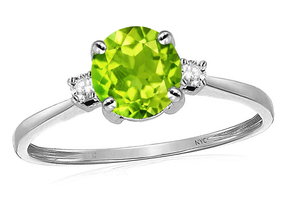 Star K 7mm Round Genuine Peridot Classic Three 3 stone Engagement Promise Wedding Ring