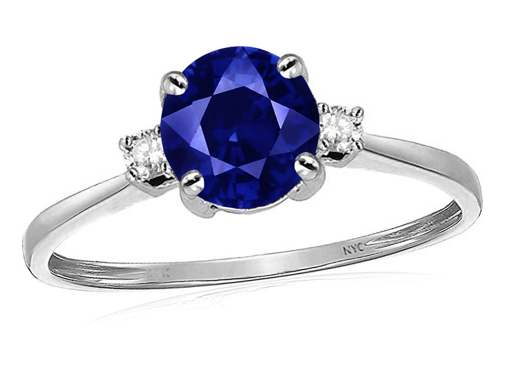 Star K 7mm Round Created Sapphire Classic Three 3 stone Engagement Promise Wedding Ring
