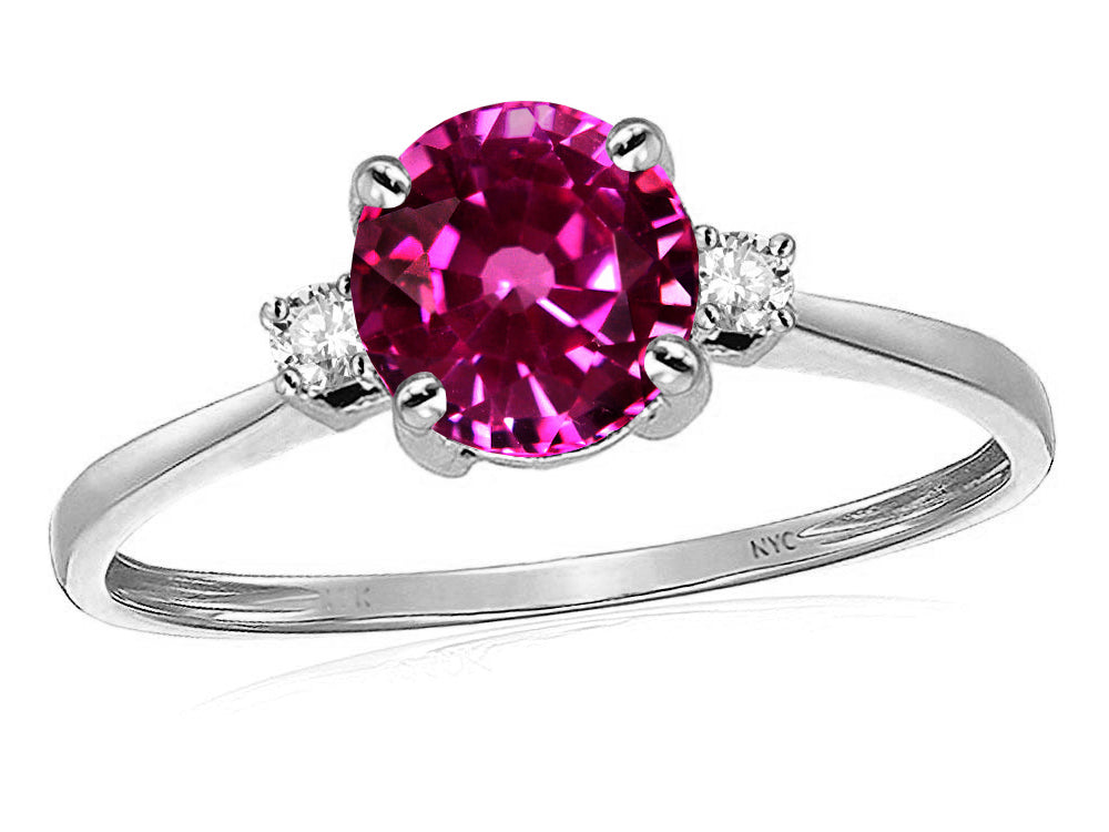 Star K 7mm Round Simulated Pink Tourmaline Classic Three 3 stone Engagement Promise Wedding Ring