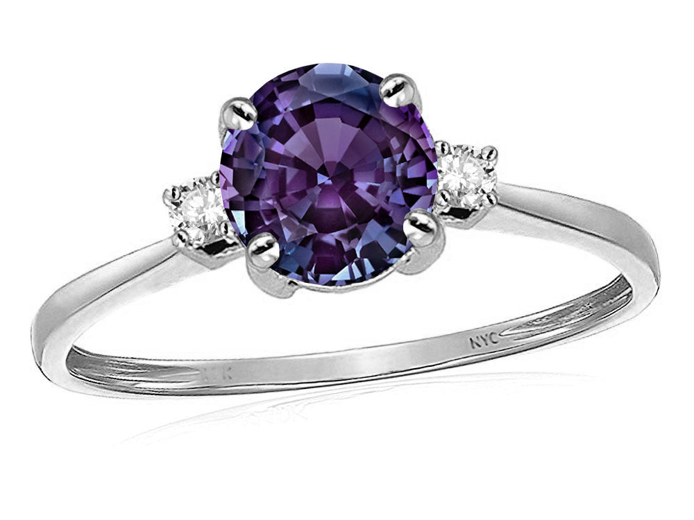Star K 7mm Round Simulated Alexandrite Classic Three 3 stone Engagement Promise Wedding Ring