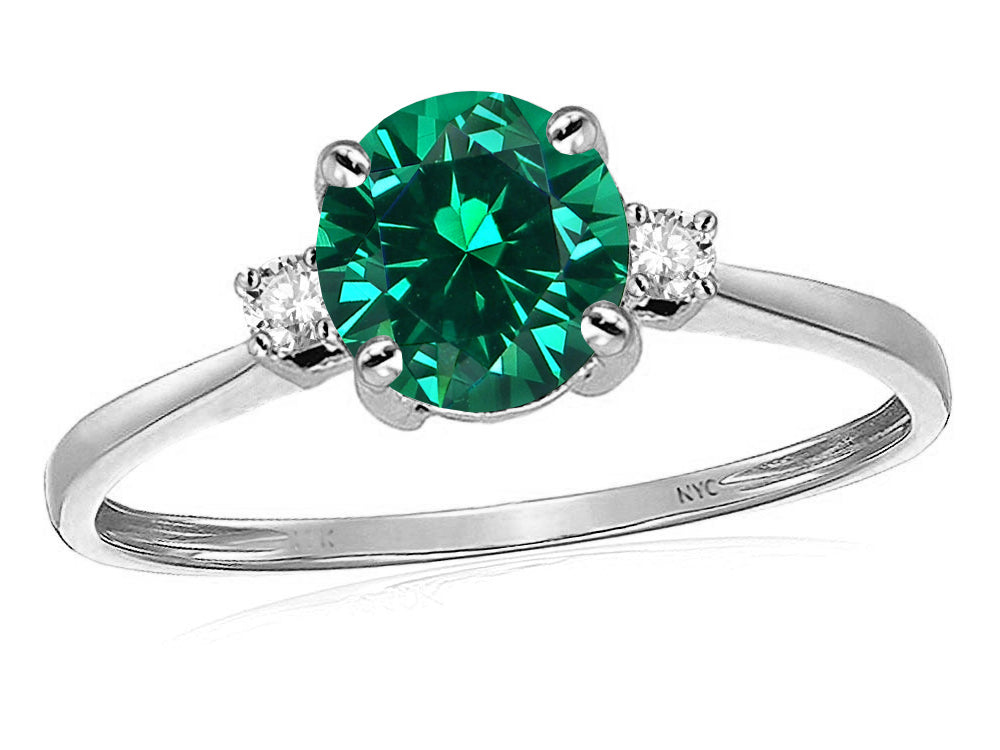 Star K 7mm Round Simulated Emerald Classic Three 3 stone Engagement Promise Wedding Ring